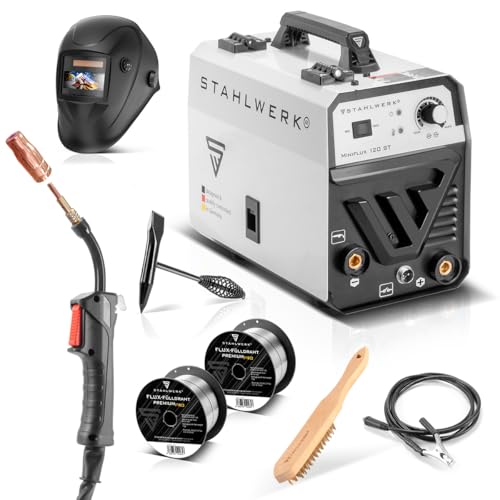 STAHLWERK Schweißgerät Vollausstattung Mini FLUX 120 ST - Fülldraht, ohne Schutzgas, synergischer Drahtvorschub für...